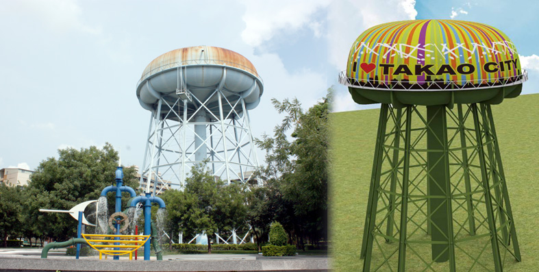 (左圖)自來水藝術公園；(右圖)自來水塔新樣貌模擬圖。（圖/涂毓婷、高雄市政府工務局 提供）