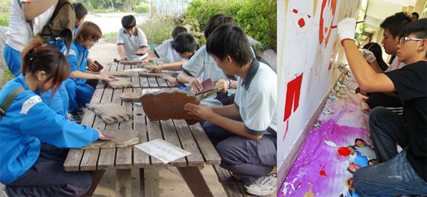 學生參與漂流木雕刻課程與彩繪校園牆面，為環境教育扎根（圖/流木居工作坊、旗津國中 提供）