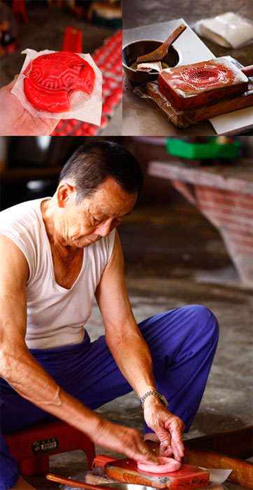 老師傅遵循古法，以純熟的製粿經驗，製作出香Ｑ不膩的紅龜粿。（圖／愛作夢の貓 vivi 攝）