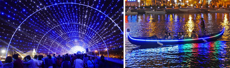 別出心裁的鐵道橋「Dios Mio驚奇聲光劇場」與威尼斯貢多拉船是今年燈會的一大亮點。（圖∕張簡英豪 攝）