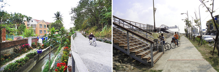 旗山的上水道驛站環鎮自行車道（左）與卵石護岸環鎮自行車道適合踩踏遨遊。（圖∕張簡英豪、張筧 攝）