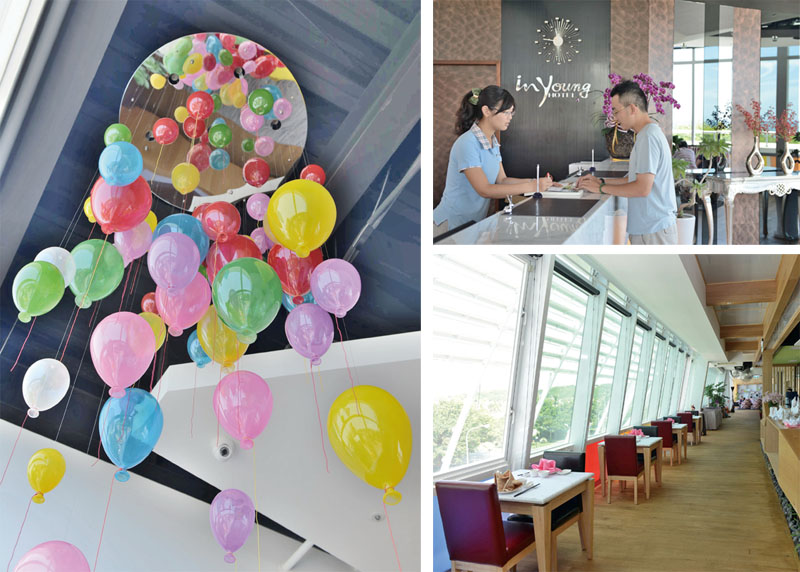 氣球形狀的彩色玻璃燈罩(左) Balloon-like stained-glass lampshades 用餐區 Dining area(右下)