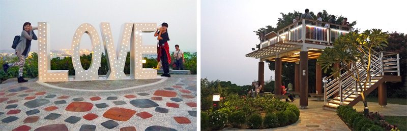 壽山情人觀景台的「LOVE傳聲筒」裝置藝術及觀景台吸引大批遊客。（圖∕李昀諭 攝）