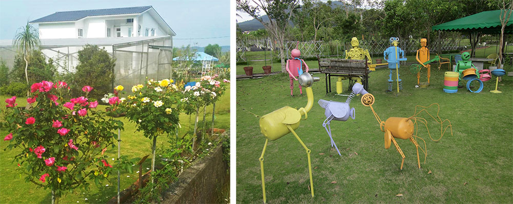 左圖：小而美的玫瑰莊園。（鍾尚倫·攝影）右圖：玫瑰園裡的可愛裝置。（鍾尚倫·攝影）