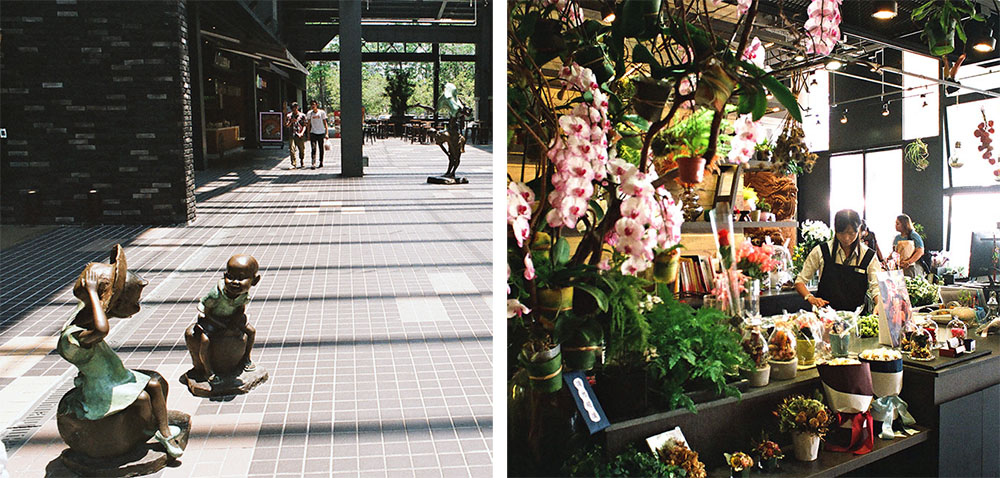 左：MLD台鋁以前是台灣鋁業的舊廠房，在熄爐二十多年後，直到去年才以MLD台鋁的面貌重新對外開放。右：MLD的團隊試著在空間裡面擺放生活可能的樣態，於是這裡有了花店、超市、書屋等。（周書正·攝影）
