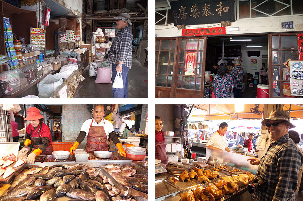 左上：傳統米店。左下：岡山傳統市場鮮魚攤。右上：傳統中藥行。右下：鹽水雞攤位。（鄭乃華·攝影）