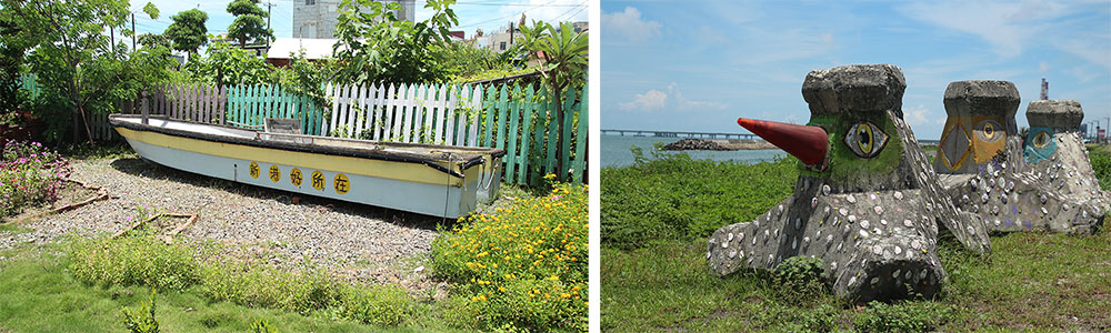 將廢棄的船重新油漆，以消波塊做成水鳥，在地居民共同打造充滿藝術氣息的濱海公園。（吳克威‧攝影）