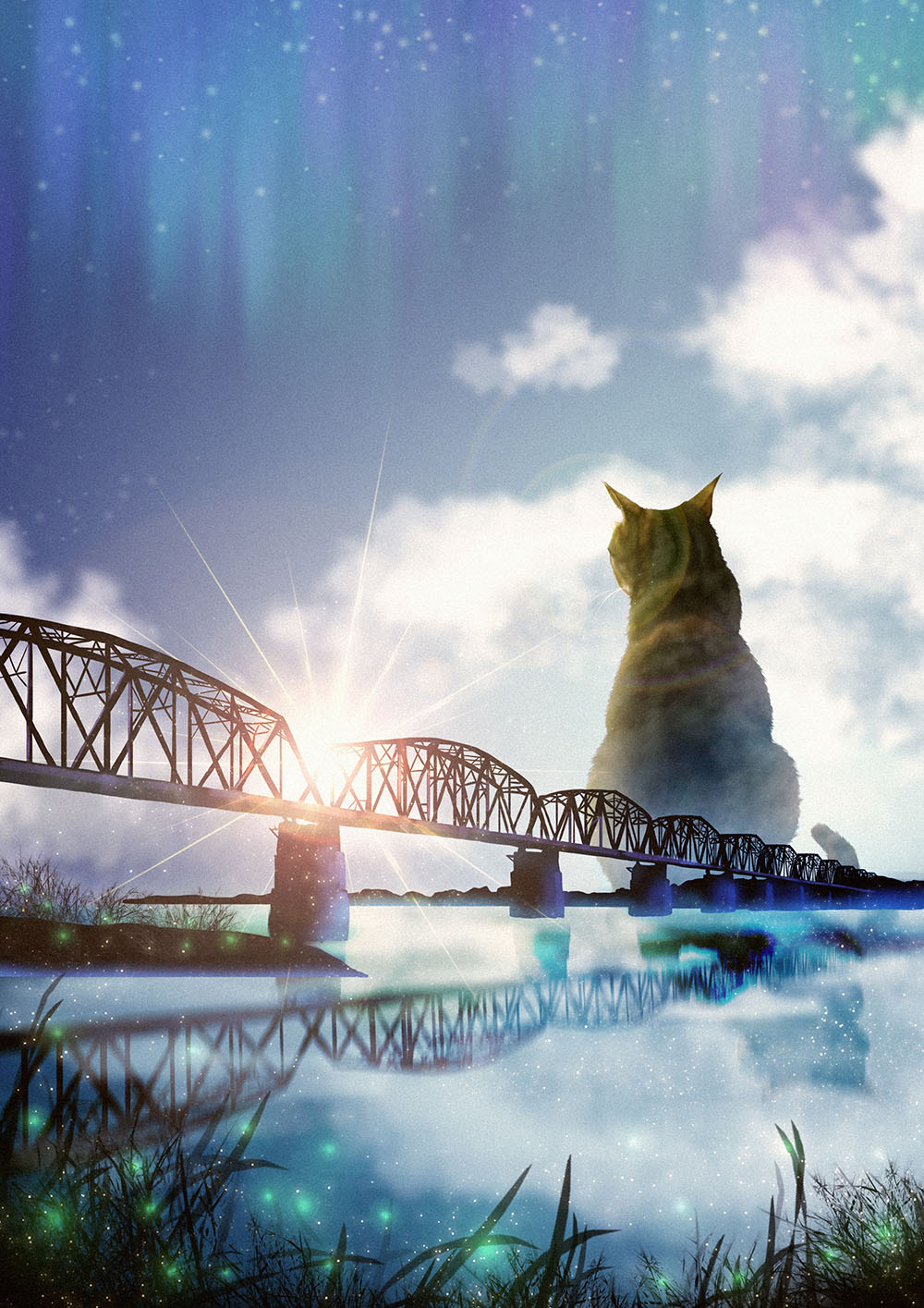 在舊鐵橋看日出的巨貓。