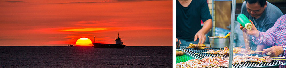 左：即將沒入海平面的夕陽，染紅了傍晚的旗津天空。（攝影‧陳鏡皇）右：旗津的海味。（攝影‧楊紘興）