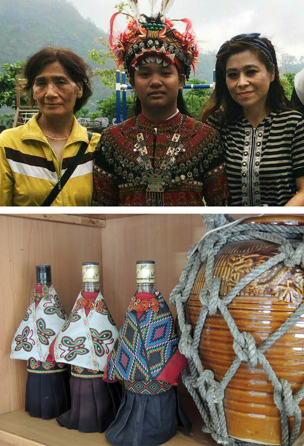 上：樂戈哪（左）與女兒曾勝蕙（右）經營小米之家。（曾勝蕙‧提供）下：野生紅麴釀造的小米酒。  （陳怡君‧攝影）