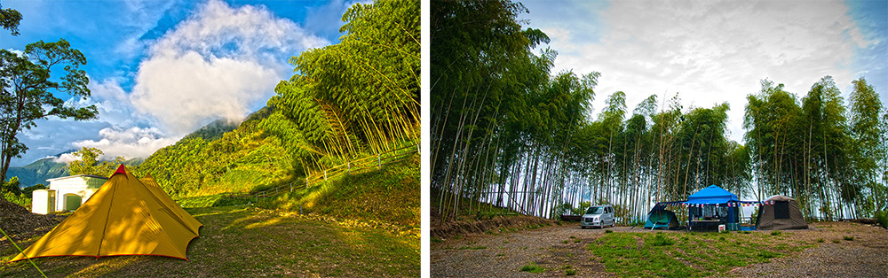 左：山中露營盡享樹林與藍天。右：找一片空地，搭起帳篷，就是一個專屬的小天地。（朱莉亞．史恩  ‧攝影）