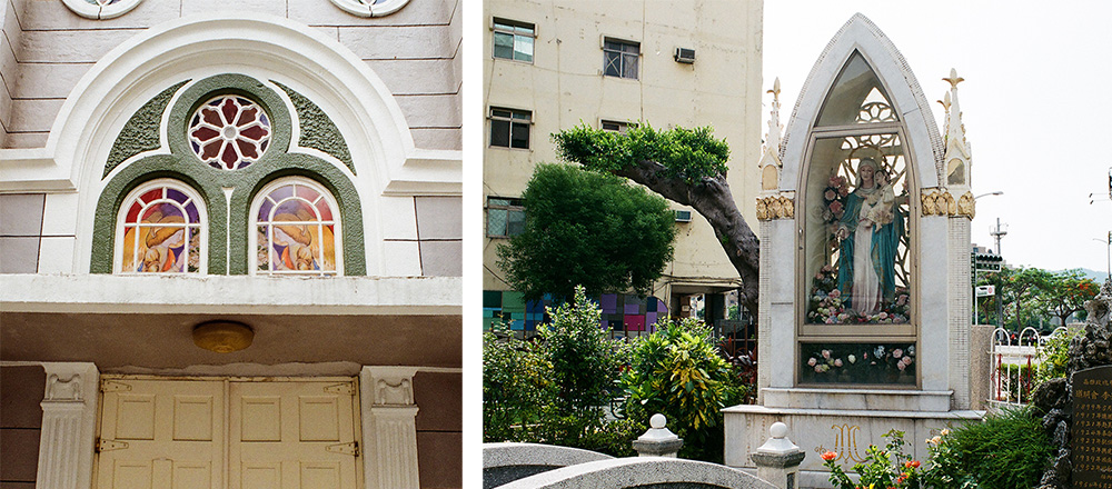 左：玫瑰窗上多彩的彩繪玻璃。右：李安斯神父之墓（畝嘰斗‧攝影）