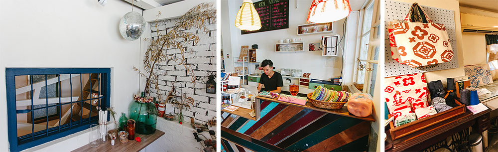 左：前金二街67號的老房子說著織織人的故事。中：織織人內部空間。右：許多作品與擺設皆加入了窗  花、老屋與老東西等元素。（黃敏豪‧攝影）