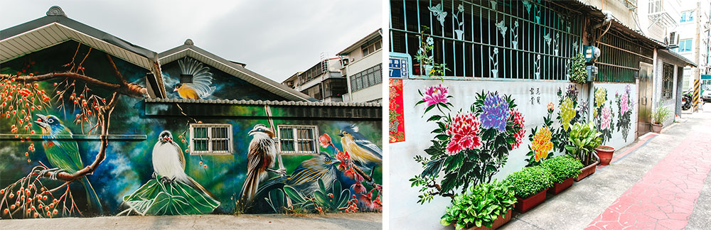 左：牆面栩栩生動的花鳥噴繪。右：巷弄內全長150公尺的彩繪牆中不少作品由社區居民共同參與完成。  （黃敏豪‧攝影）