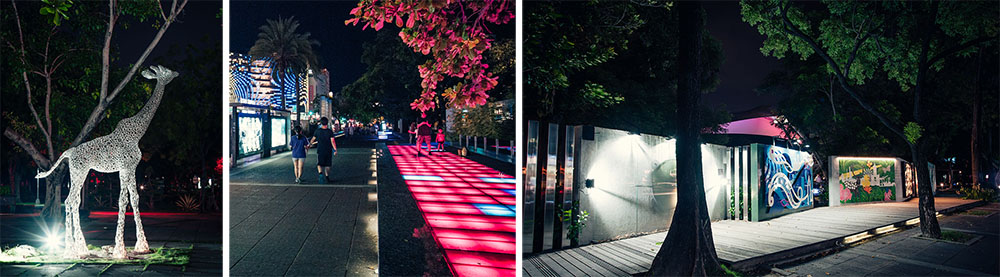 左：由高雄九位當地藝術家合作規劃的城市光廊，為一系列以「光」為主題的藝術創作。中：城市光廊  是適合夜晚散步談天的城市生活空間。右：一到夜晚，燈光一一亮起，展現不同於白天的風情。（黃敏豪‧攝影  ）