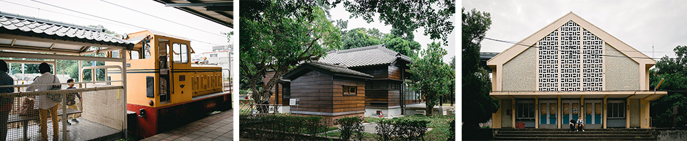 左：五分車。中：日式木屋形式的宿舍群。右：中山堂的前身是橋仔頭神社。（黃敏豪‧攝影）