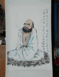 劉銘的指畫「達摩」，是他頗為得意的作品。(圖/郭力睿攝影)