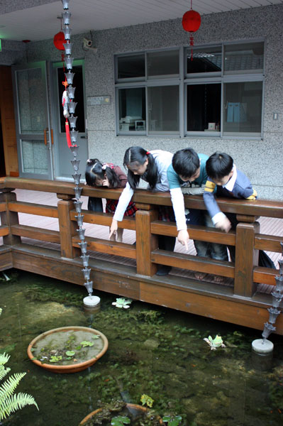 孩童在書軒外塘泊邊，歡喜觀賞魚兒悠游。(圖/熊宏輝攝)