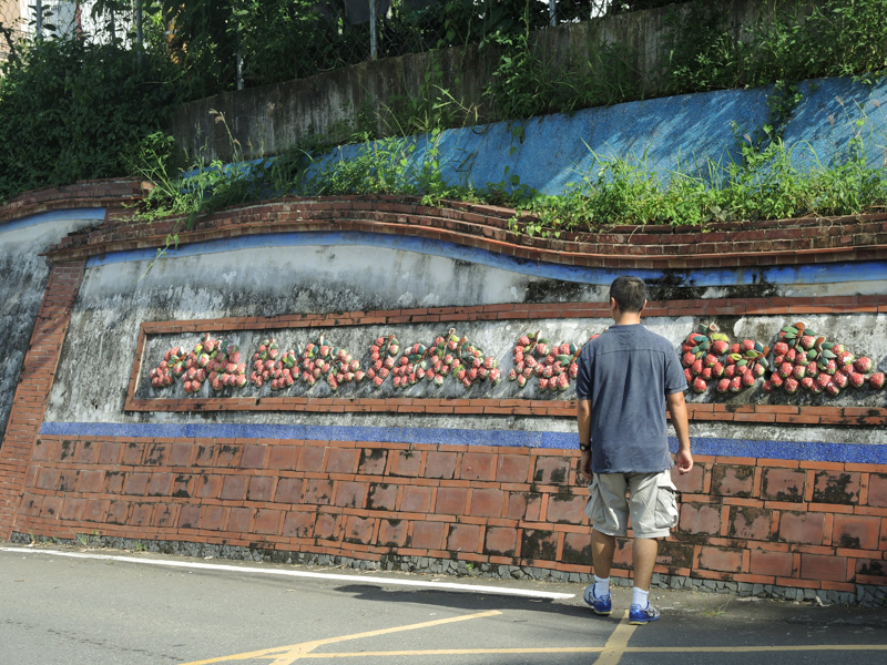 龍目社區的擋土牆上貼滿荔枝鳳梨裝飾呈現社區產業特色。（圖∕徐世雄 攝）