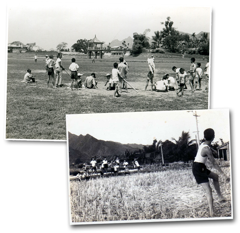 60年代乾枯的中正湖和收割後的稻田成為美濃小孩的棒球場。（圖∕古錦松 提供）