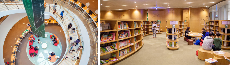圖書館總館中央的大迴旋梯(左圖)與地下室繪本區(右圖)寬敞明亮提供市民全新的閱讀空間。（圖∕高志宏 攝）