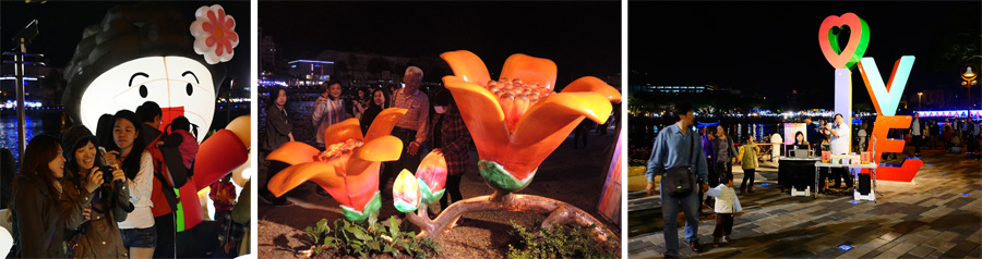 愛河畔的各式花燈與街頭藝人表演，吸引民眾駐足觀賞拍照。（圖∕張簡英豪 攝˙徐世雄 攝）