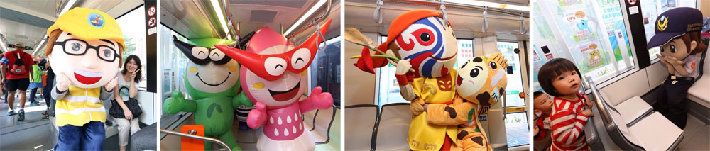 高雄城市吉祥物PK戰(由左至右)：小勞男孩、青瘋俠&草莓妹、內門小將、安安。（圖/高雄市新聞局 提供）