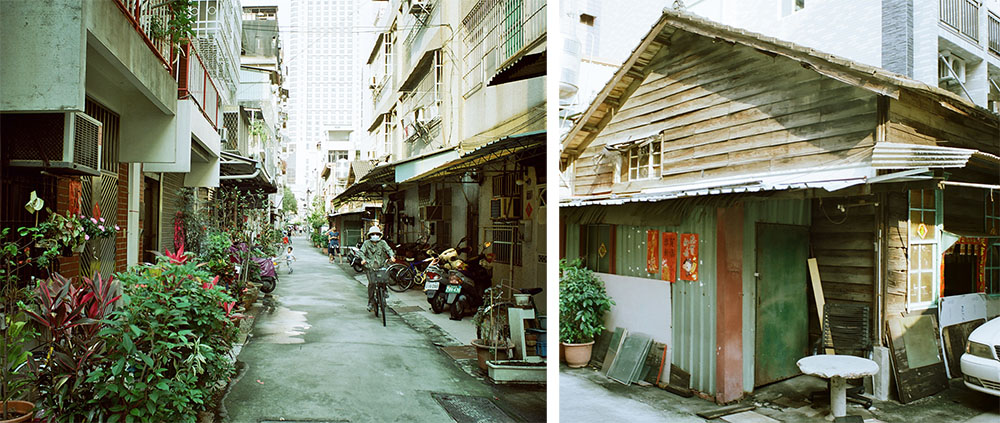 左圖：日出村所在的巷子。（周書正·攝影）右圖：日出村僅存的一間日治時期木屋。（周書正·攝影）