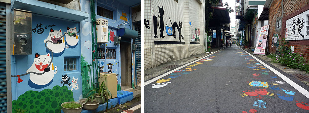 左圖：由孩童、居民共同彩繪各式各樣的「貓」主題壁畫的「彩繪貓巷」。（藍秋惠·攝影）右圖：郵局巷子旁的貓巷，以前甲仙人會在巷弄間的老房子玩捉迷藏。（藍秋惠·攝影）