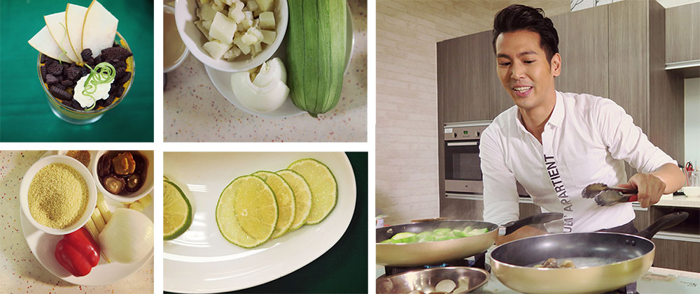 左上：創意料理：南瓜盆栽甜點。左下：蜜汁雞腿佐庫斯庫斯的材料。中上：奶油絲瓜蛤仔濃湯的食材。中下：美濃無籽檸檬。右：一路掛著笑臉的陳德烈主廚示範料理。（蔡旻珊·攝影）