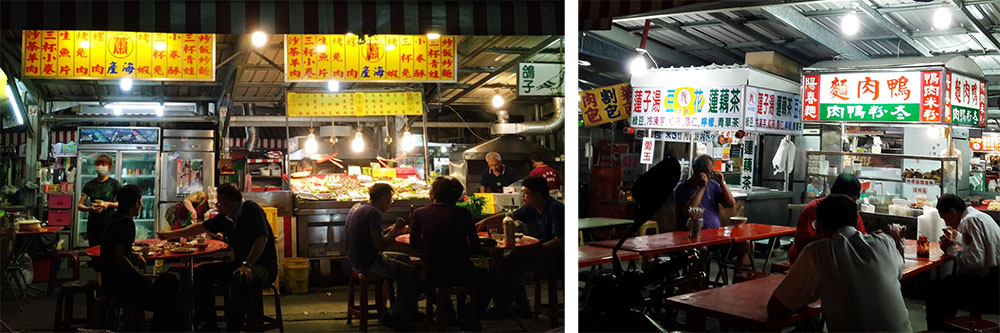 左、右：前鎮夜市攤位有台式熱炒、冷熱飲、 鴨肉料理等在地的常民美食。 （藍秋惠·攝影）
