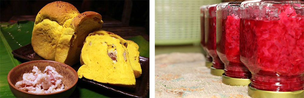 左：「招牌薑黃醃肉吐司」使用無毒栽種的薑黃，搭配泰雅族傳授的醃肉。右：食用玫瑰加入有機蜜蘋果、土  鳳梨熬成「玫瑰果醬」。（深山裡的麵包店·提供）