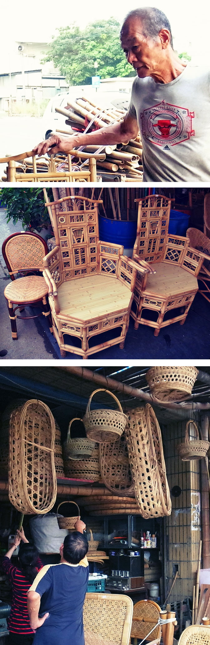 上：張玉龍師傅。中：造型繁複、作工精緻的竹編傢俱。下：從嬰兒搖籃到提籃、椅子，店裡一應俱全。（蔡旻珊·攝影）