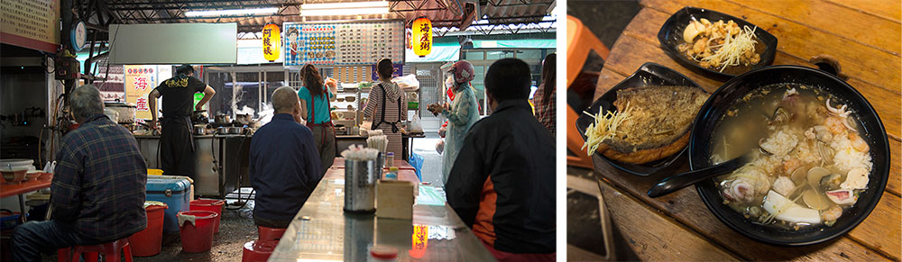 左：九曲堂車站前的早市一景。右：豐盛的熱食海產粥，開啟早晨的美好活力。（蔡勝宇·攝影）