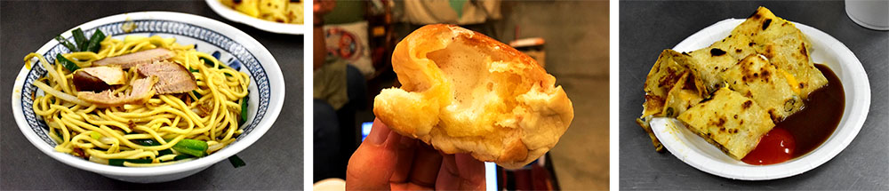 左：古早味乾麵。中：奶油餐包表面焦香酥脆，內部溫熱柔軟。右：手工蛋餅。（葉郁琪·攝影）