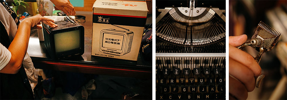 左：「喜歡老東西」是開店的理由。中：美麗的老打字機。右：藉著這些物品，才能使故事流傳下來。（郭宸志·攝影）
