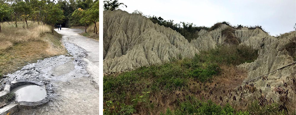 左：漯底山噴泥口。右：惡地地形月世界。（楊涵妮．攝影）