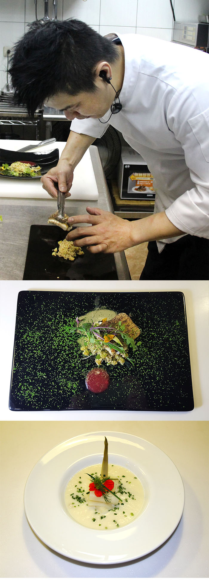 上：主廚楊彥希做菜的身影。中：永安鱸魚佐白花椰米與煎烤鳳梨丁。下：黃金綠竹筍濃湯。（Quava‧攝影）