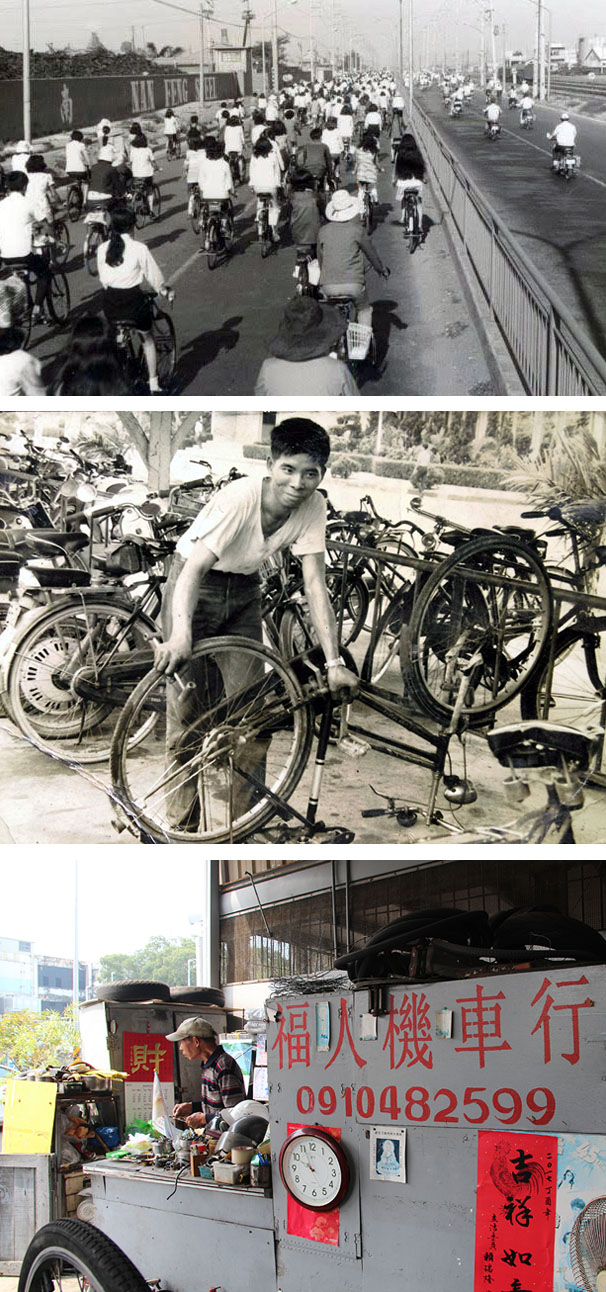 上：過去加工出口區騎腳踏車上下班的人潮。（丁世德‧提供）中：年輕時的鄭福人。（丁世德‧提供）下：福人機車行。（吳克威‧攝影）
