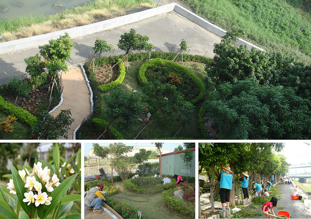 上：河畔的社區花園。下：居民努力維護綠化大道的身影。（陳芊至‧提供）