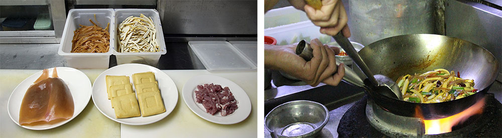 左：製作魷魚三絲必備新鮮魷魚、豆干與肉絲。右：大火快炒三分鐘即可上桌。（quava‧攝影）