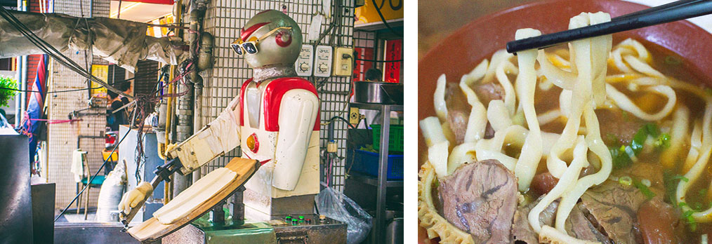 左：小港山西刀削麵的削麵機器人。右：刀削麵條咬起來Ｑ彈有嚼勁。（楊紘興‧攝影）