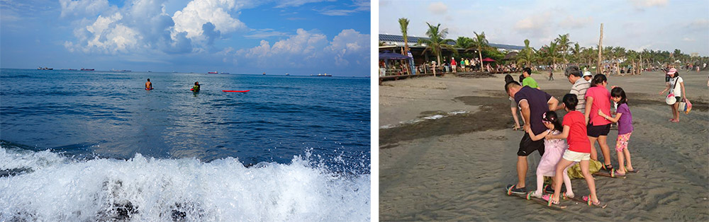 旗津可以衝浪，也可以在岸邊玩耍。（左：攝影／孫小龍，右：圖片提供／旗津黑沙玩藝節）