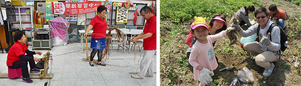 左：崇德社區的麻繩編製（攝影／葉郁琪），右：崇德社區月世界挖地瓜體驗。（圖片提供／崇德社區發展協會）