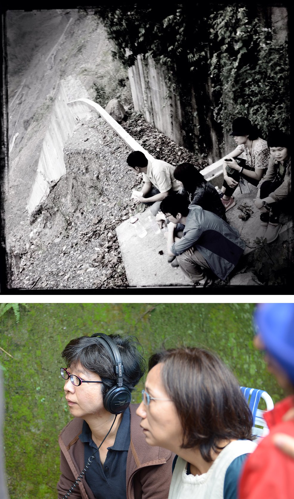 上：《山豬溫泉》拍攝現場。下：郭珍弟導演工作貌。 （圖片提供／郭珍弟）