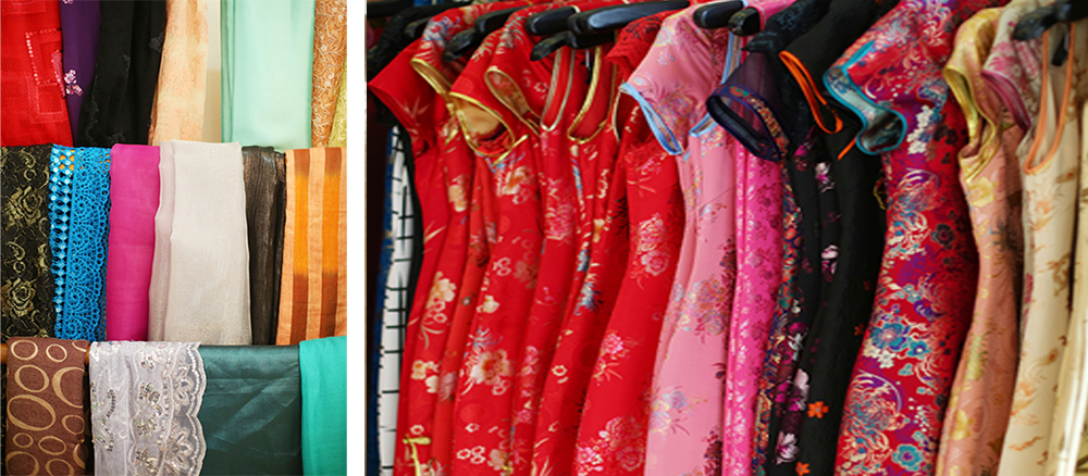 (左)布料是整件旗袍的靈魂，也是修飾身材最重要的條件。(右)運用不同的材質或是配飾，可以凸顯美麗的腰身。(攝影/林韋言)
