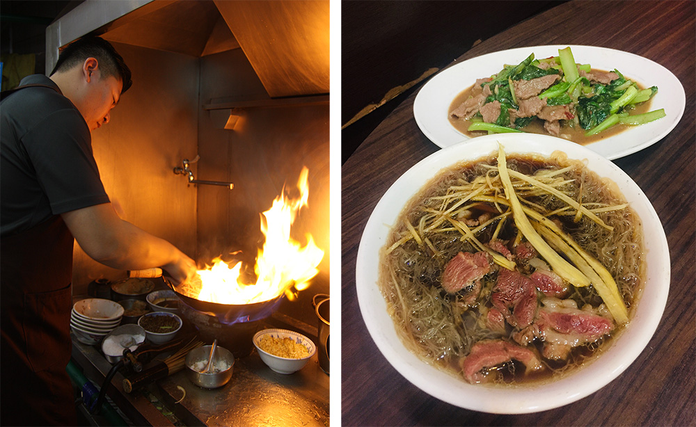 （左）熱炒羊肉是師傅的手路菜。（右）一盤羊肉，一碗當歸羊肉湯，是冬日裡的一大享受。（攝影/陳婷芳）