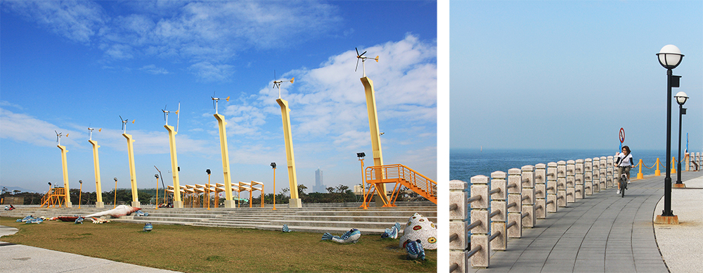 （左）七座高大的太陽能風車佇立在公園裡。（右）遊客在海岸公園吹海風享受悠閒步調。(攝影／曾信耀)