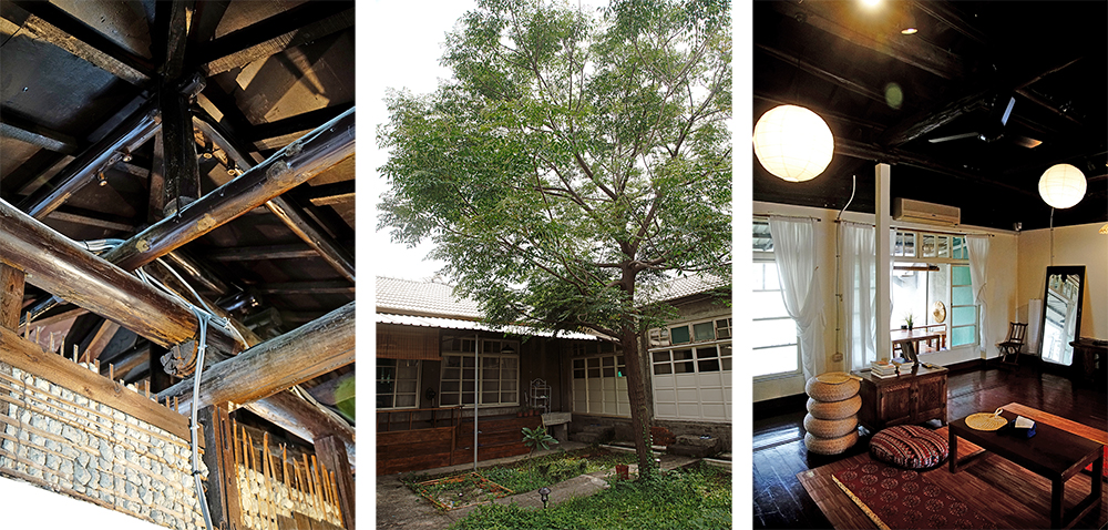 （左）訴說歷史軌跡的木造屋頂。（中）後院一棵老楝樹，惹來原住戶婆婆思念的淚水。（右）眷舍建築沿自日式風格，室內木質地板很有古早味。（攝影／曾信耀）