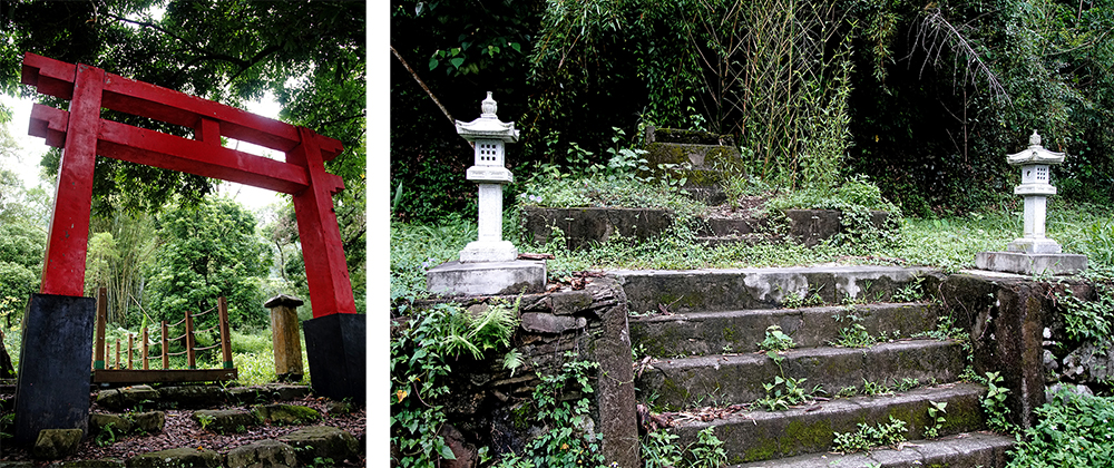 （左）達卡努瓦部落的日本神社特別設置一座紅色鳥居。（右）日本神社遺跡。（攝影／曾信耀）